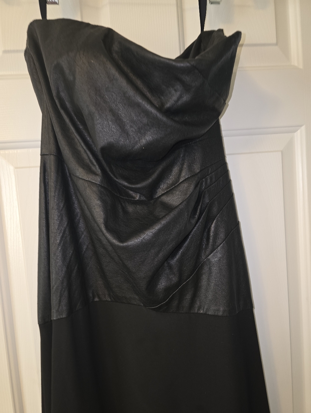 Shoshana Strapless Black Faux-Leather Bodice Asymmetric Midi Dress Sz 10 - Picture 8 of 12